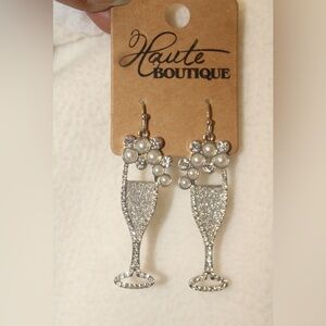 NEW Champagne Bottle Silver Sparkles 2.5” dangle Earrings